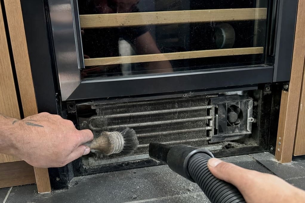 Technician brushing and vacuuming a dust-matted condenser coil behind the lower grille of a built-in wine cooler