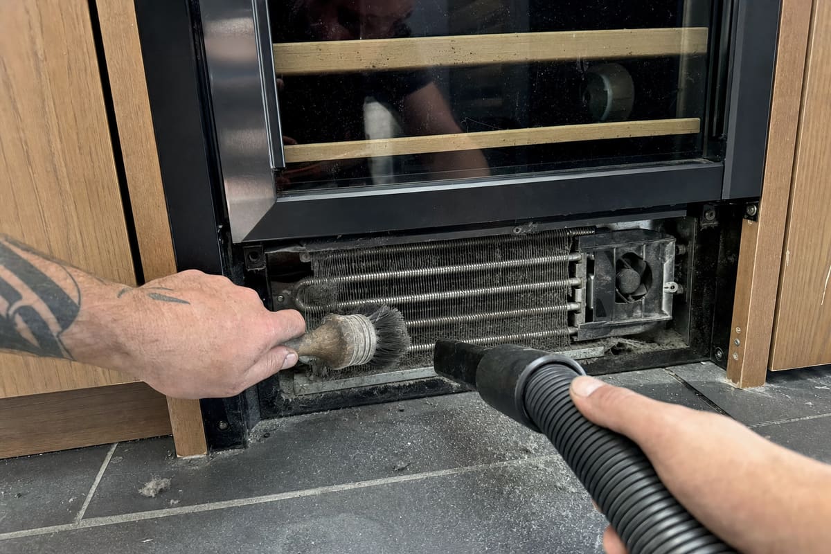 Technician brushing and vacuuming a matted condenser coil behind the toe-kick grille of a built-in wine cooler