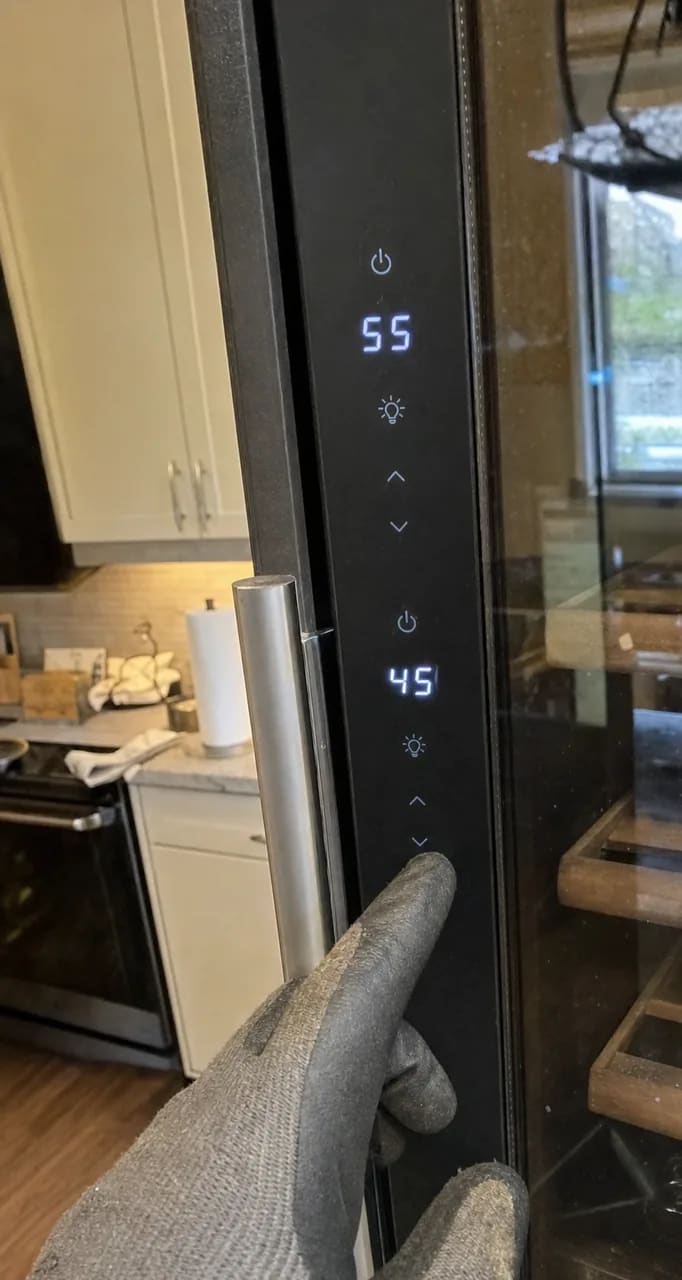 Wine cooler touch control panel with two illuminated zone temperatures