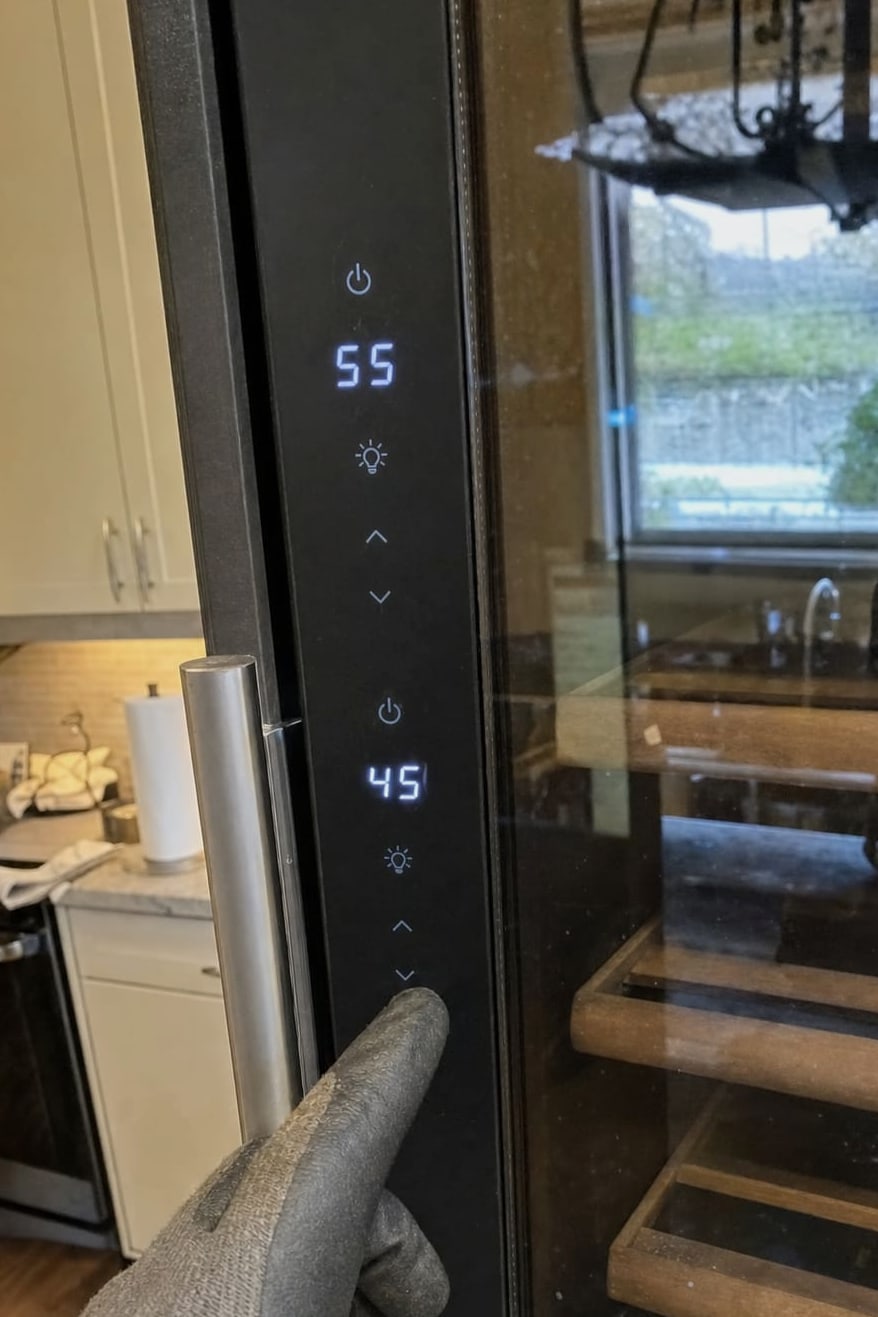 Wine cooler control panel showing a 55 degree upper zone and a 45 degree lower zone