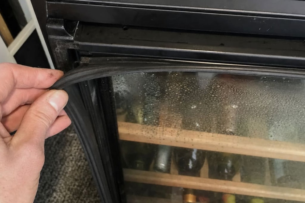 Hand lifting the gasket at the top corner of a wine cooler door, glass fogged behind