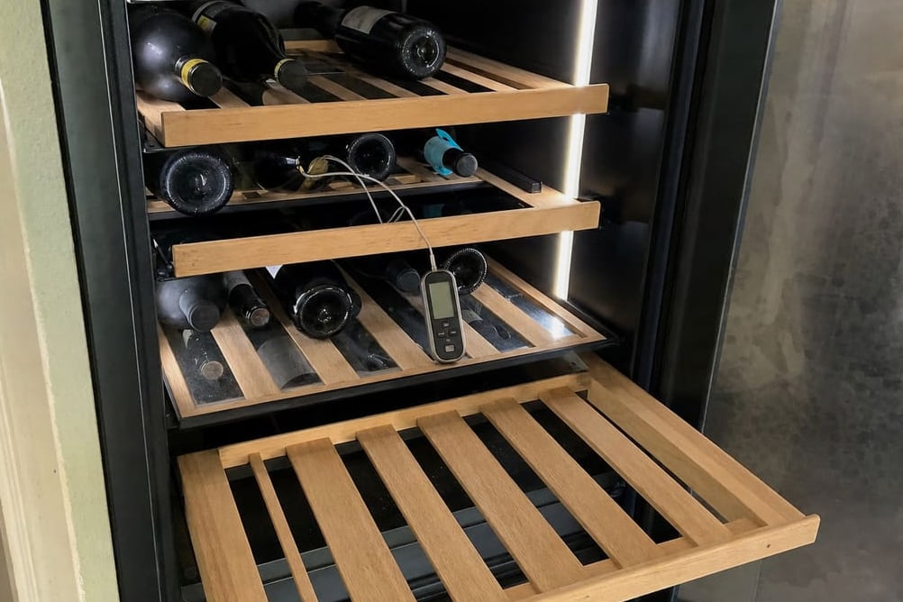 Wooden pull-out shelves loaded with bottles, a probe thermometer resting among them