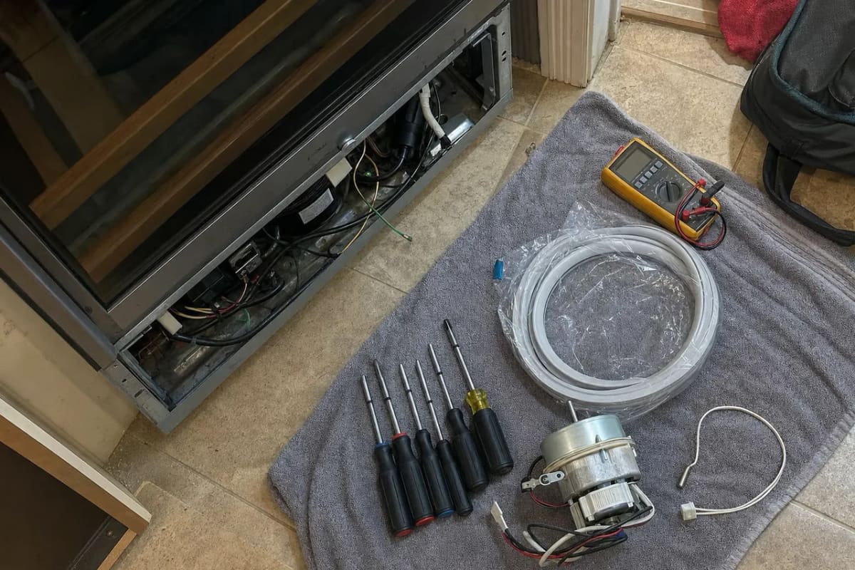 Screwdrivers, a multimeter, a replacement fan motor and tubing laid out beside an open wine cooler service bay