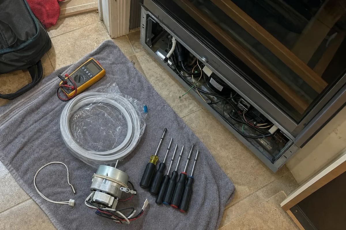 A multimeter, screwdrivers and a replacement fan motor on the floor beside an open wine cooler