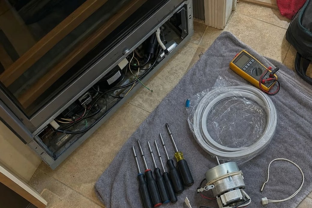 A multimeter, screwdrivers, a replacement fan motor and tubing laid out beside an open wine cooler bay