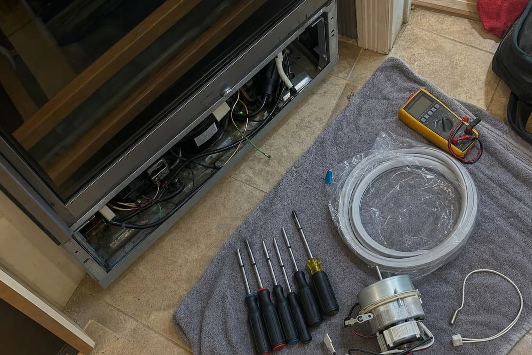 Screwdrivers, a multimeter and a replacement fan motor on a mat beside an open wine cooler service bay