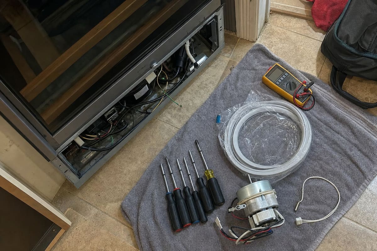 A multimeter, screwdrivers and a replacement fan motor laid out beside an open wine cooler service bay